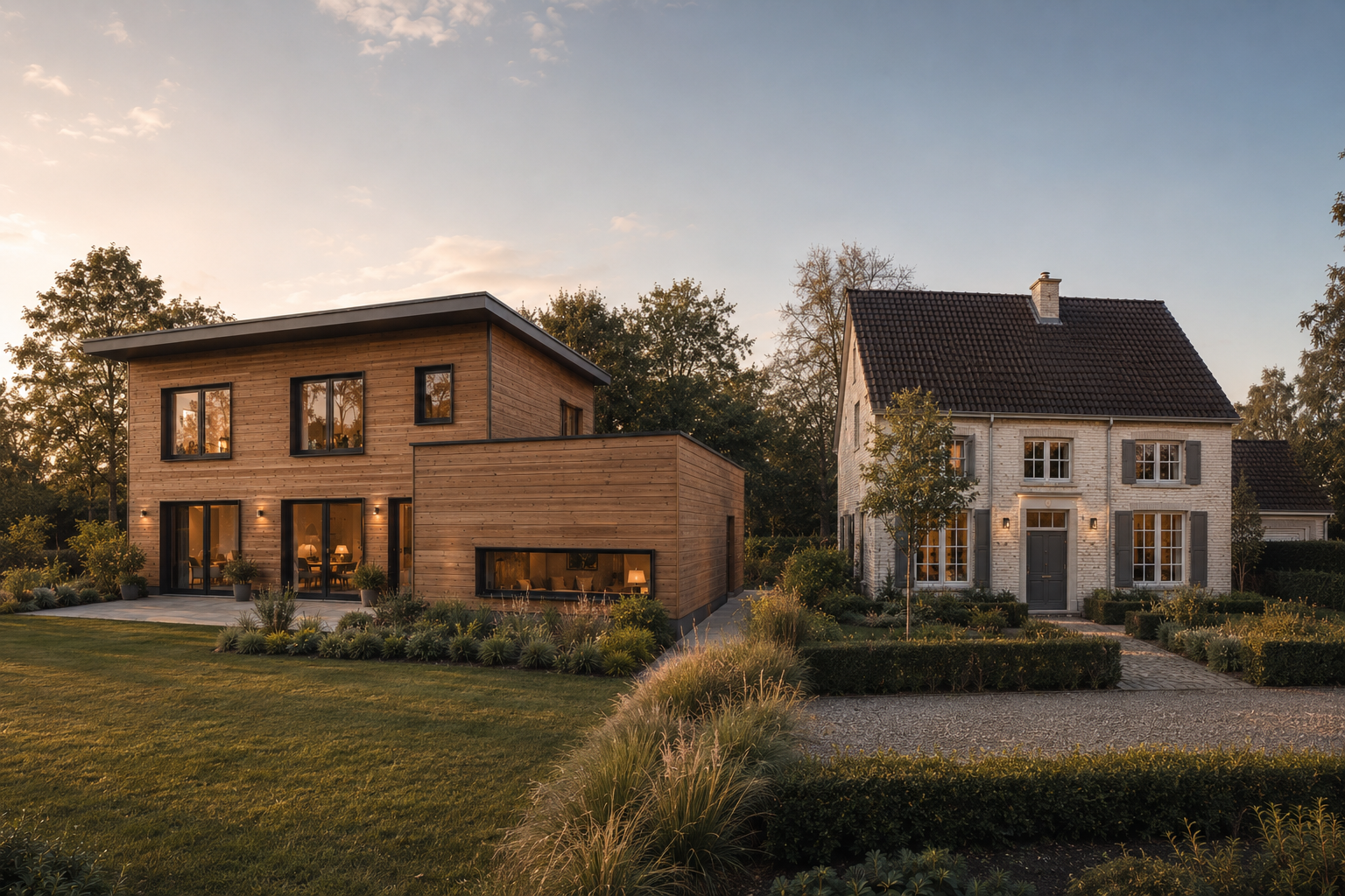 Vergelijking tussen moderne houtmassiefbouw en traditionele Belgische woningbouw met focus op wooncomfort en materiaalbeleving
