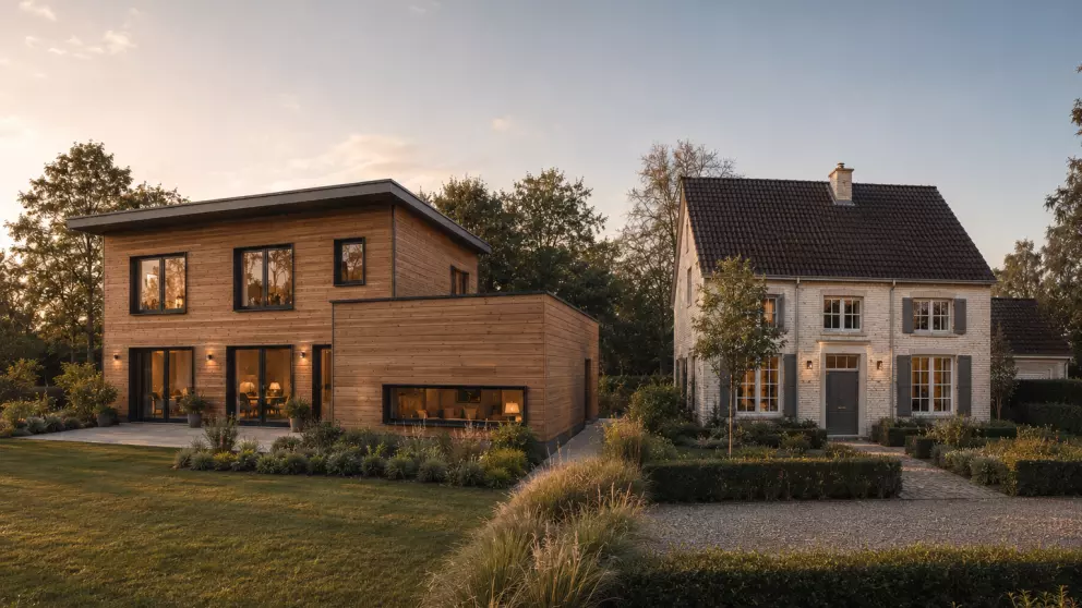 Vergelijking tussen moderne houtmassiefbouw en traditionele Belgische woningbouw met focus op wooncomfort en materiaalbeleving