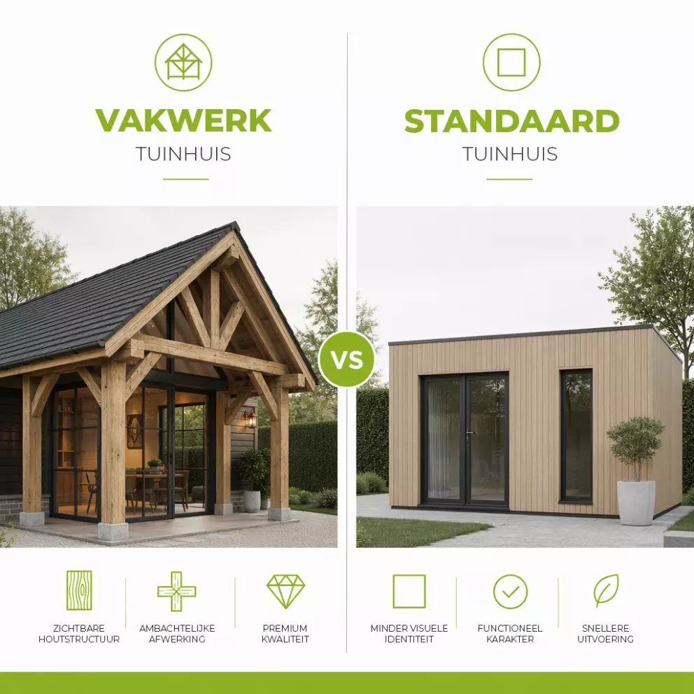 Vergelijking vakwerk bijgebouw en standaard tuinhuis met focus op uitstraling en afwerking