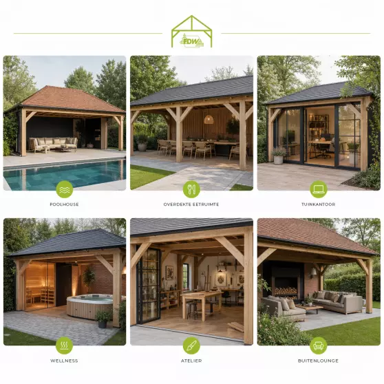 Toepassingen van een vakwerk bijgebouw zoals poolhouse, tuinkantoor en buitenlounge