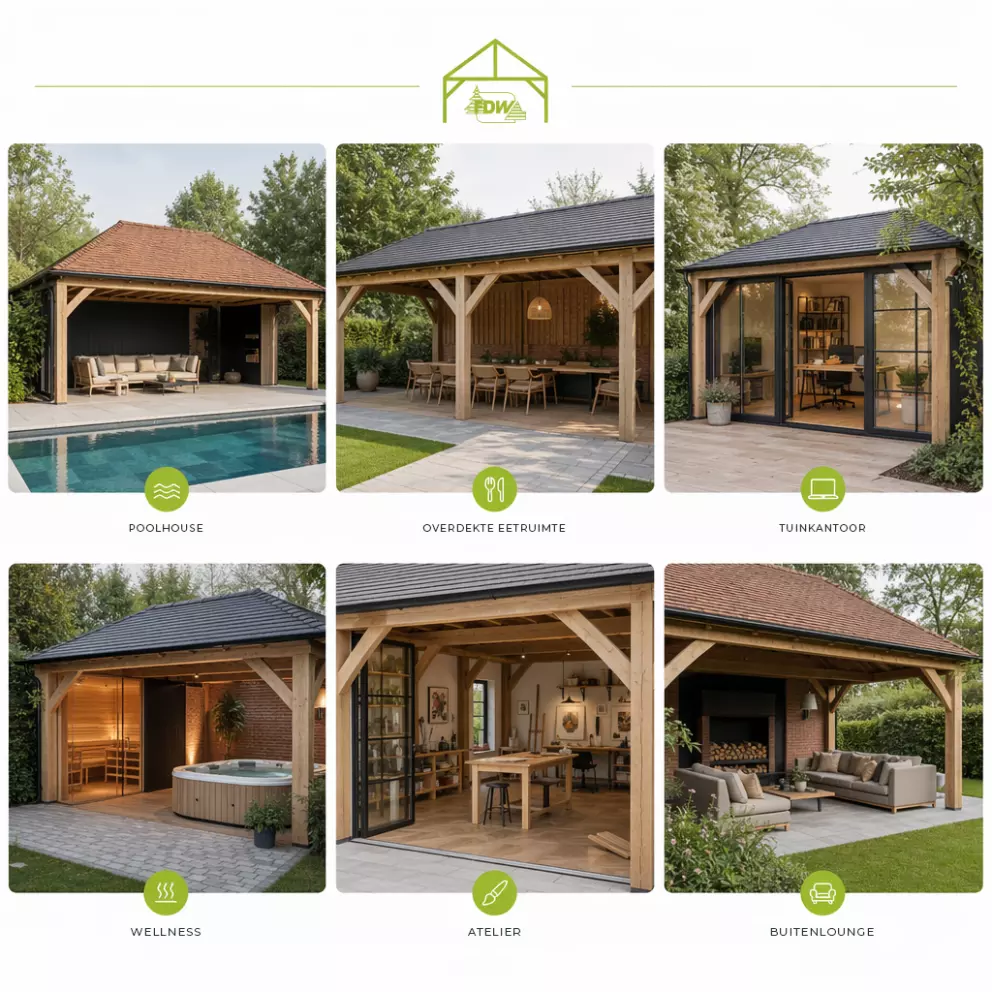 Toepassingen van een vakwerk bijgebouw zoals poolhouse, tuinkantoor en buitenlounge