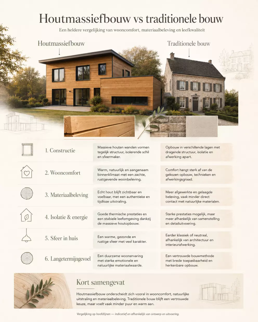 Infographic vergelijking tussen houtmassiefbouw en traditionele bouw rond wooncomfort, materiaalbeleving en architectuur