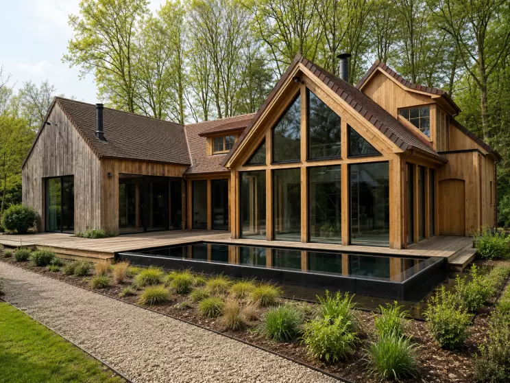 Moderne houtmassieve woning met grote glaspartijen, houten terras en strakke tuin rond de vijver