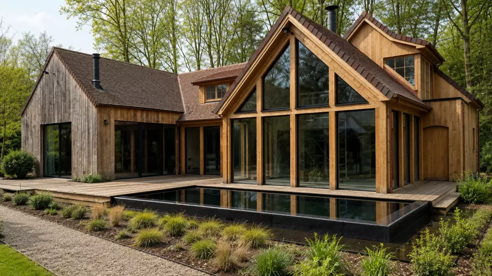 Moderne houtmassieve woning met grote glaspartijen, houten terras en strakke tuin rond de vijver